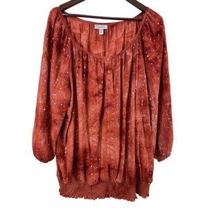 Dressbarn Woman Brown Rust Smocked Hem 3/4 Sleeve Sequin Pop Over Blouse 3X